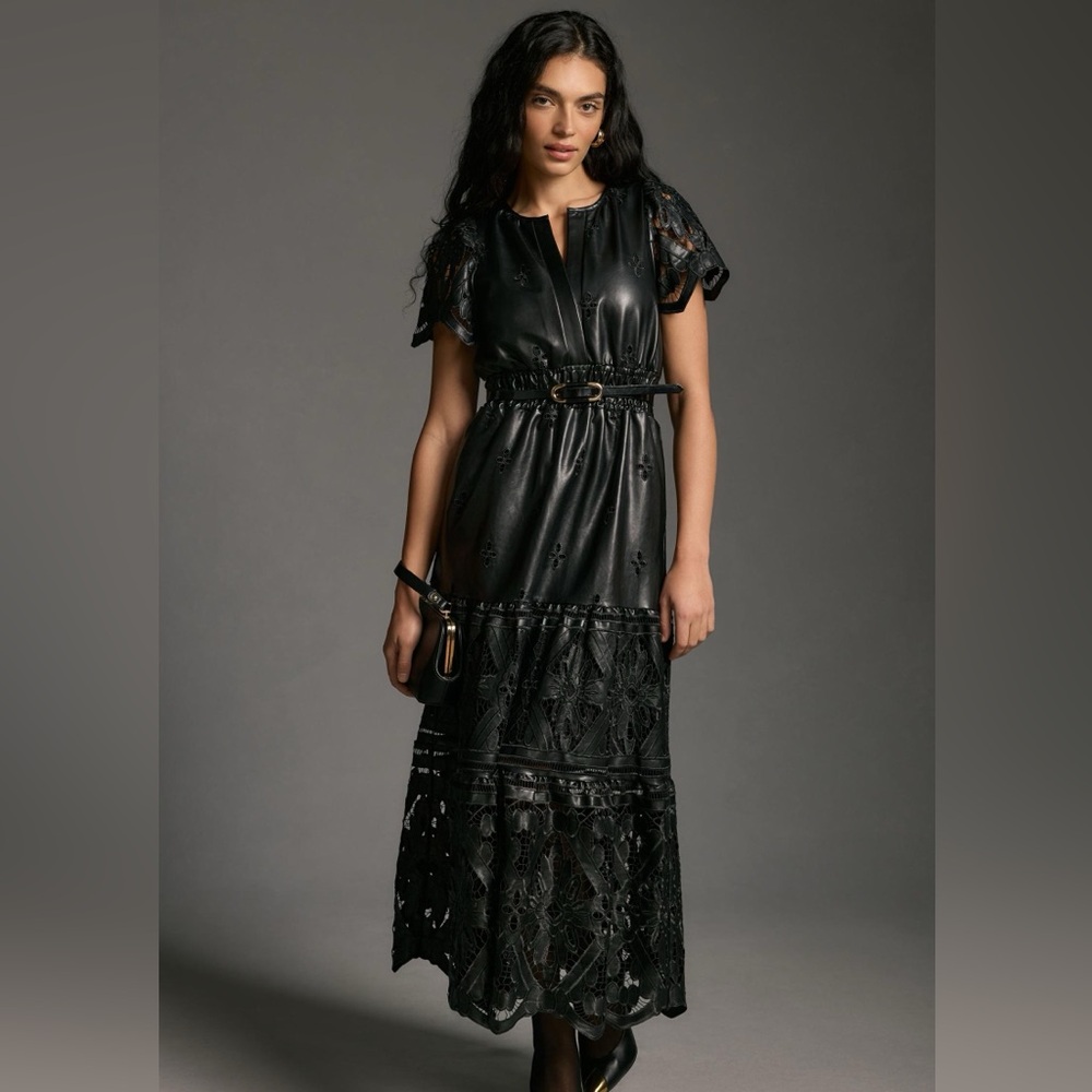 Anthropologie The Somerset Maxi Dress in Black Faux Leather EUC Size Small